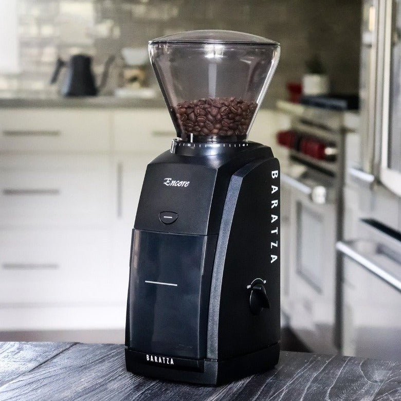 Baratza Encore coffee grinder in black, three-quarter view