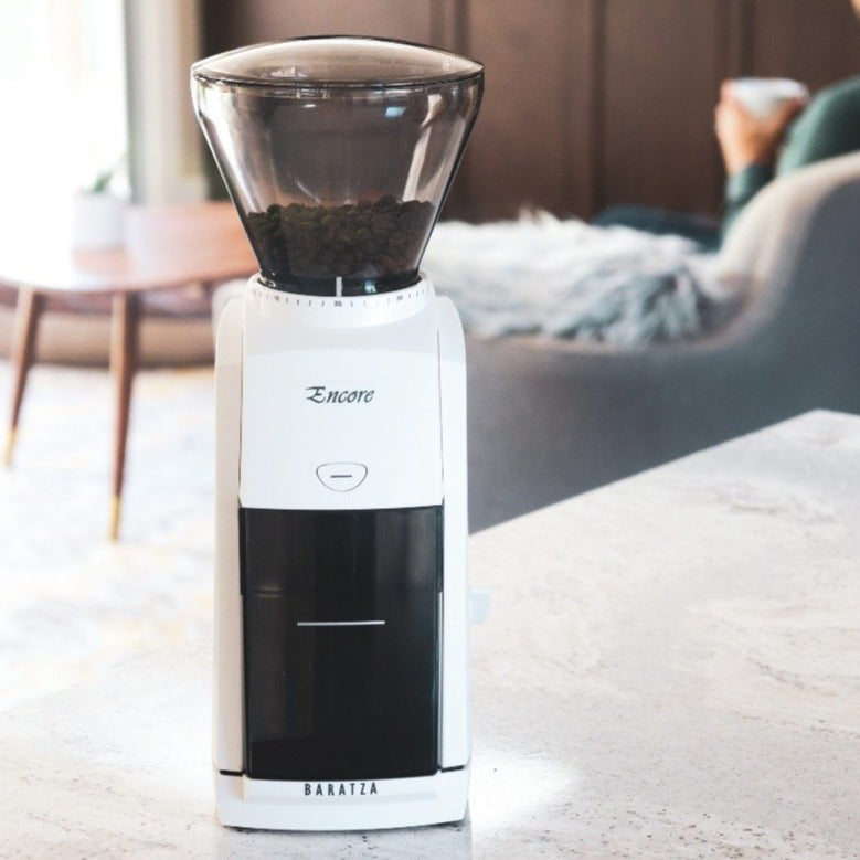 Baratza Encore coffee grinder in white, front view